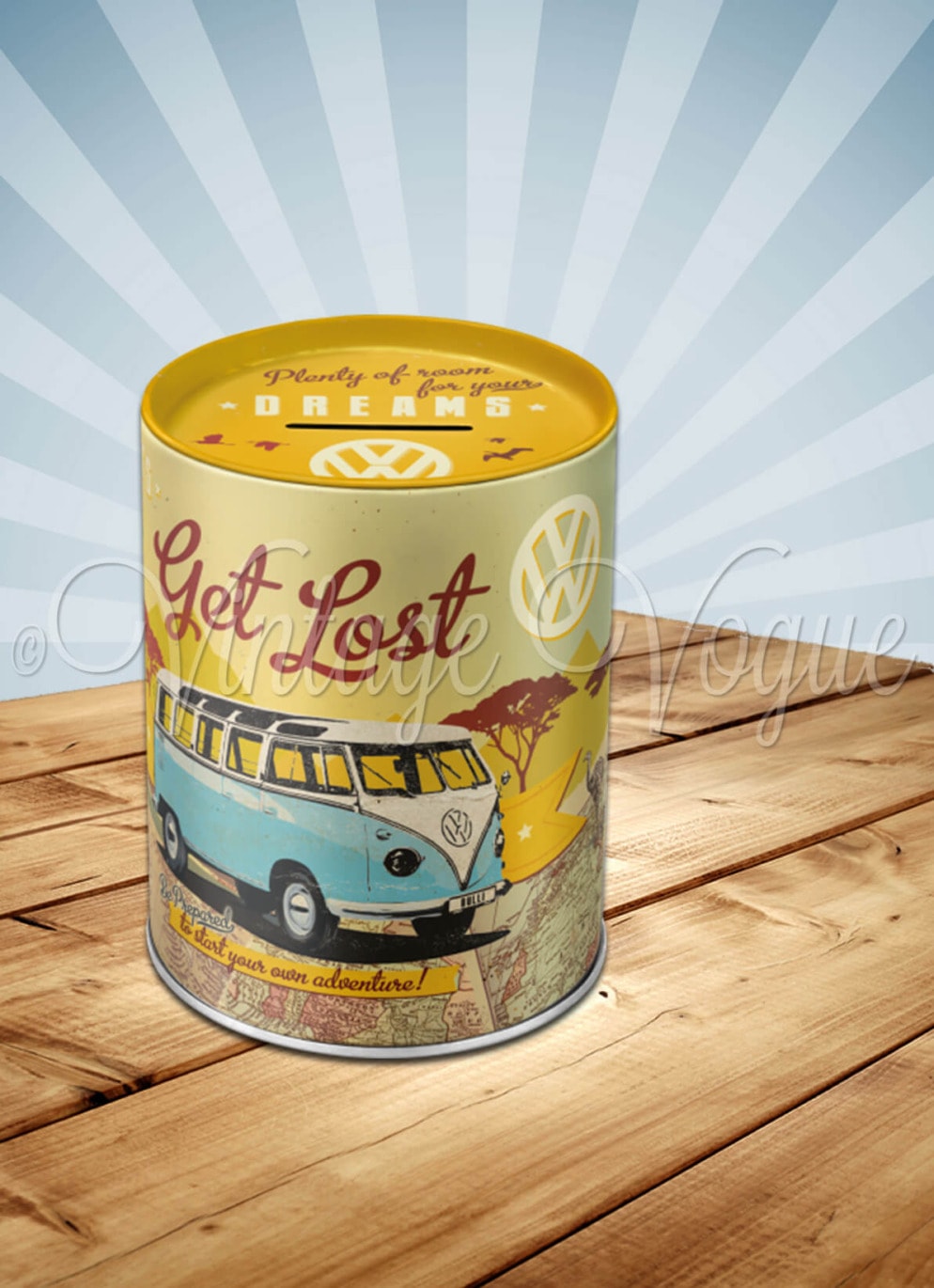 Nostalgic Art Retro Spardose VW Bulli Lets get lost Braun Gelb Spar Blechdose mit Volkswagen Bus Design