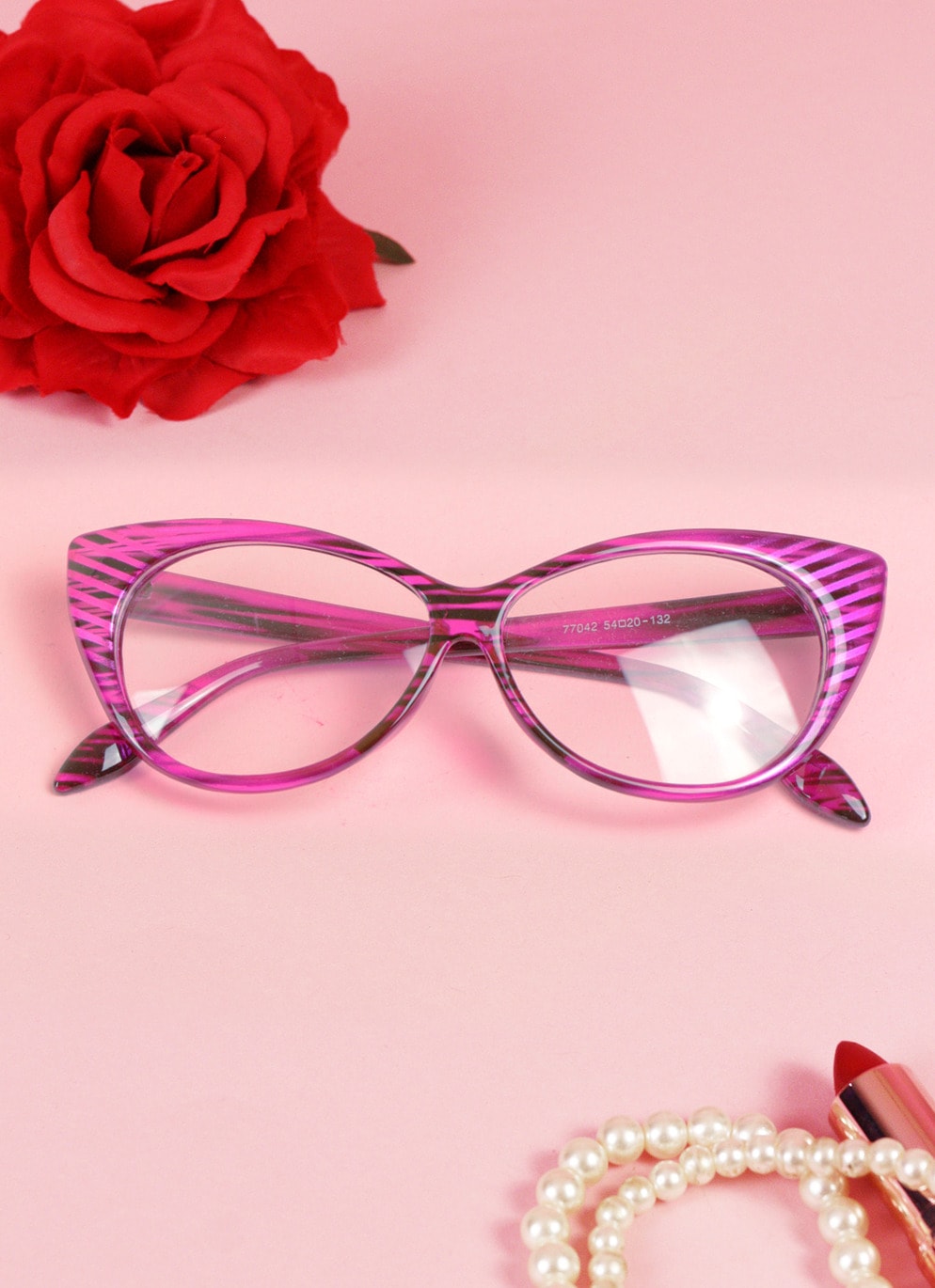Oh so Retro! Vintage Cat Eye Klarglas Brille Stripes in Pink