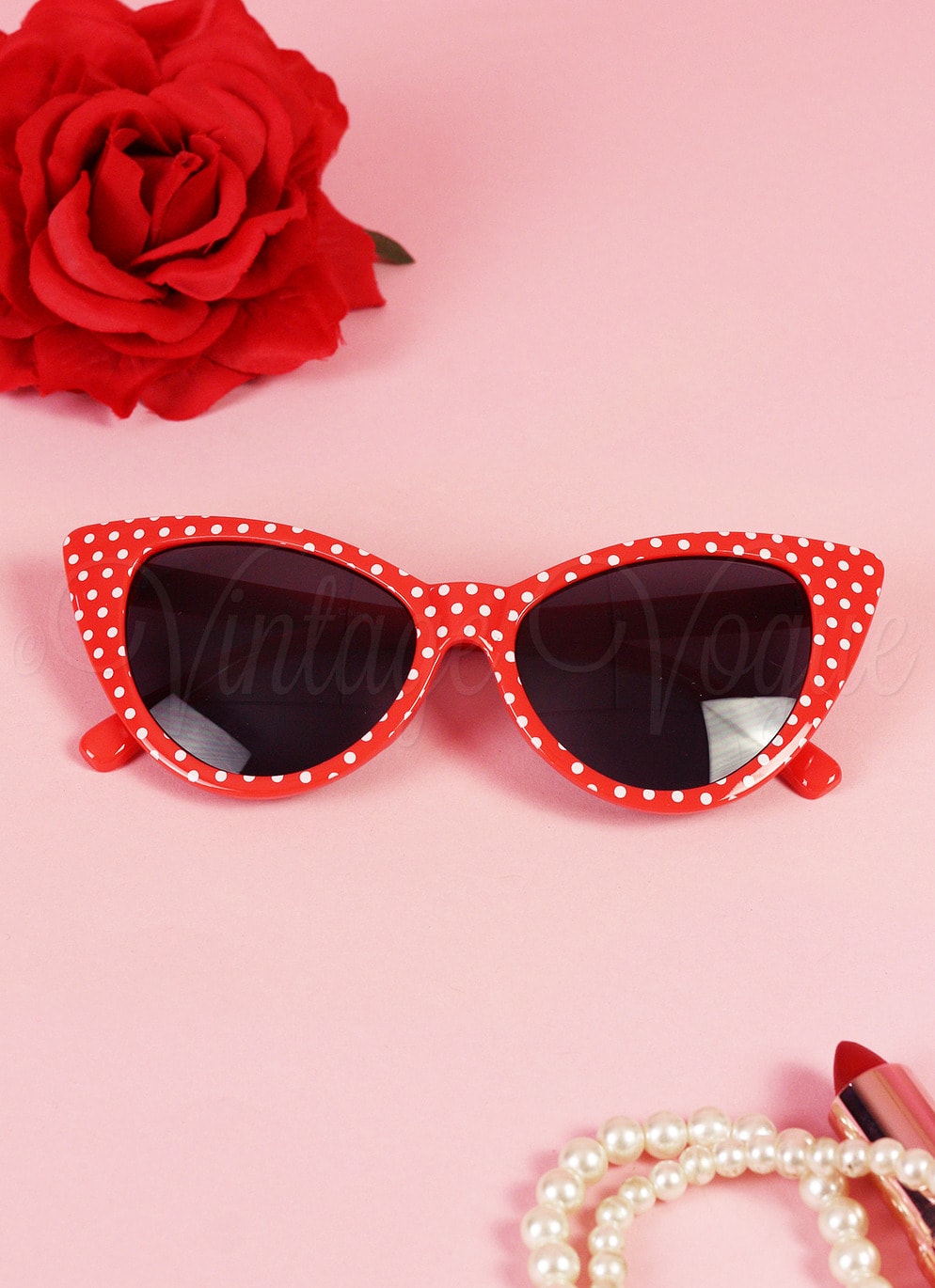 Oh so Retro! Vintage Cat Eye Sonnenbrille Polka Dots in Rot Weiß