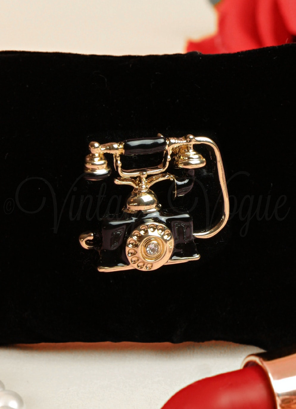 Oh so Retro! Vintage Telefon Brosche Telephone in Gold Schwarz
