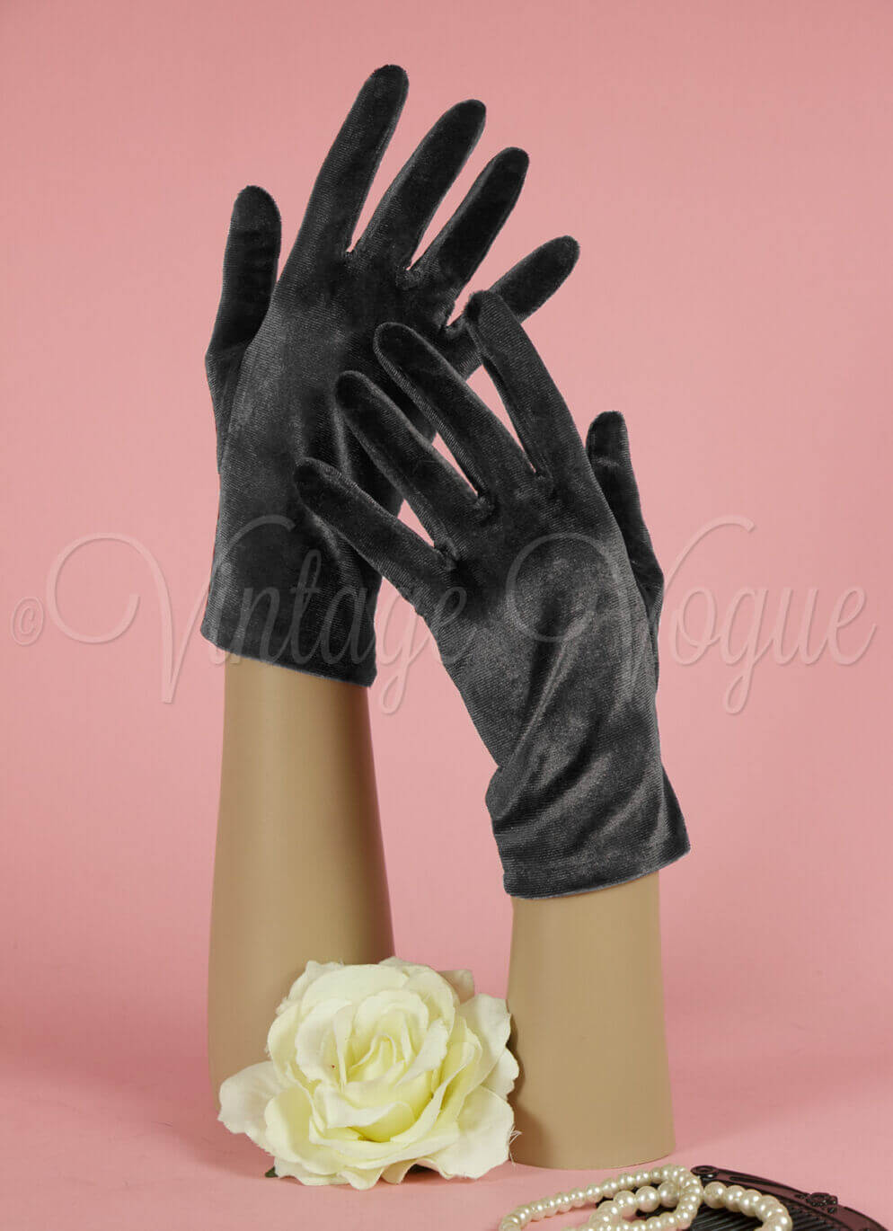 Forever Fifties 40er Jahre Vintage Retro Samt Winter Handschuhe in Grau