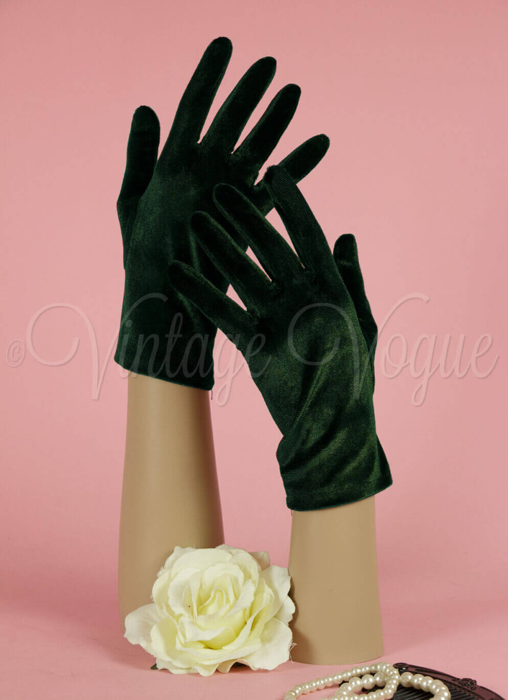 Forever Fifties 40er Jahre Vintage Retro Samt Winter Handschuhe in Dunkelgrün