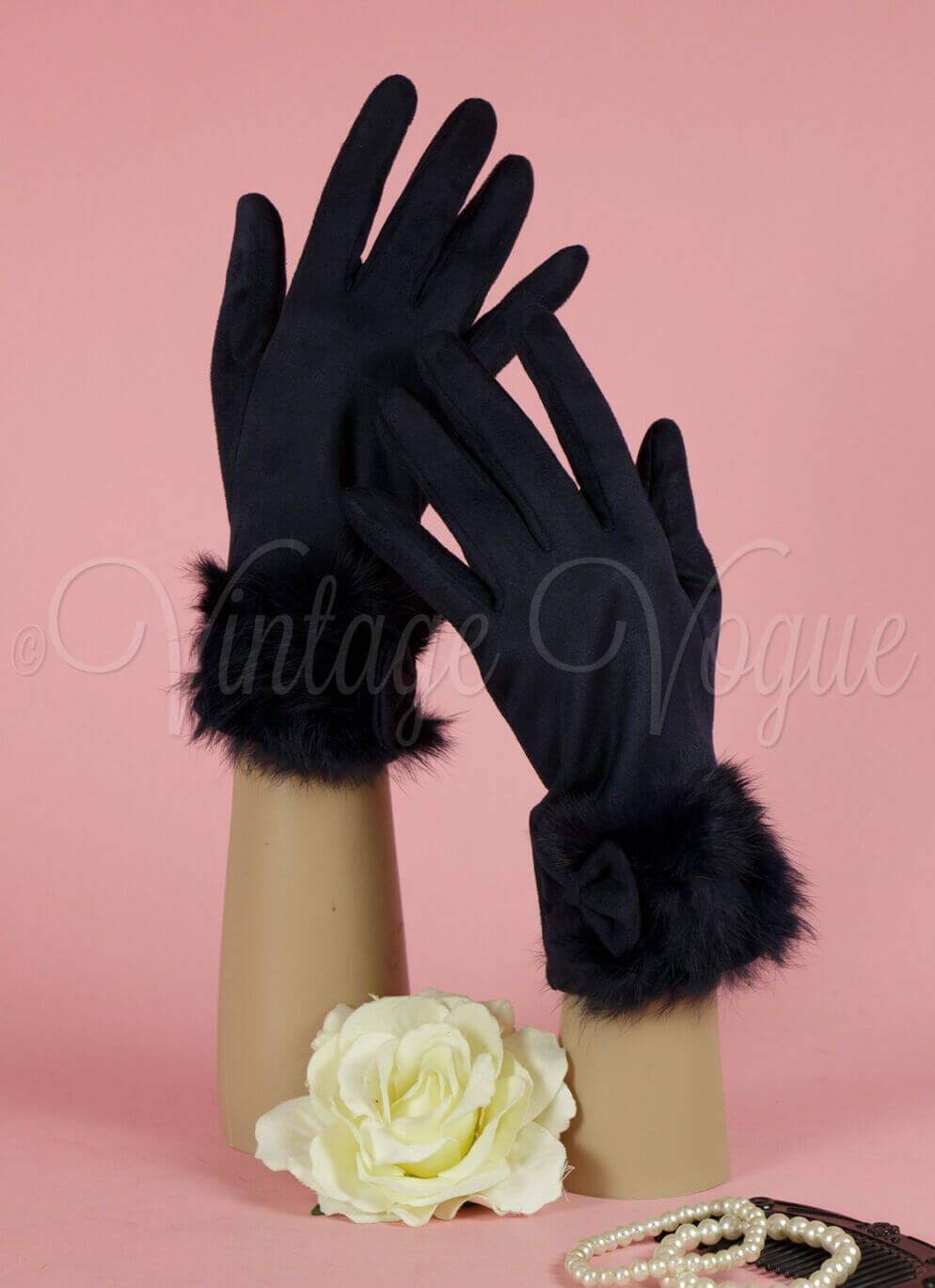 Forever Fifties 40er Jahre Vintage Velour & Fell Winter Handschuhe in Dunkelblau