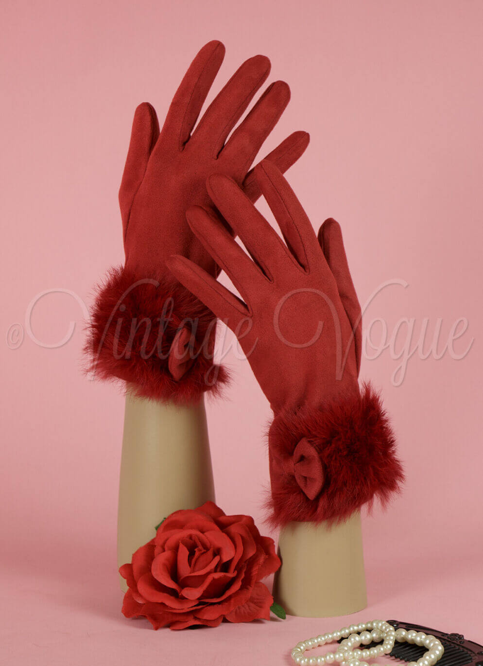 Forever Fifties 40er Jahre Vintage Velour & Fell Winter Handschuhe in Rot