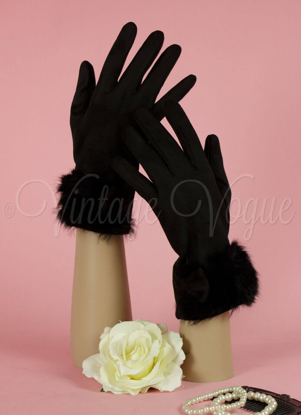 Forever Fifties 40er Jahre Vintage Velour & Fell Winter Handschuhe in Schwarz