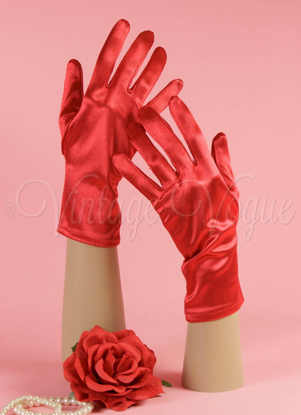 Leg Avenue 40er Jahre Vintage Pin Up Handschuhe Wrist Satin Gloves in Rot