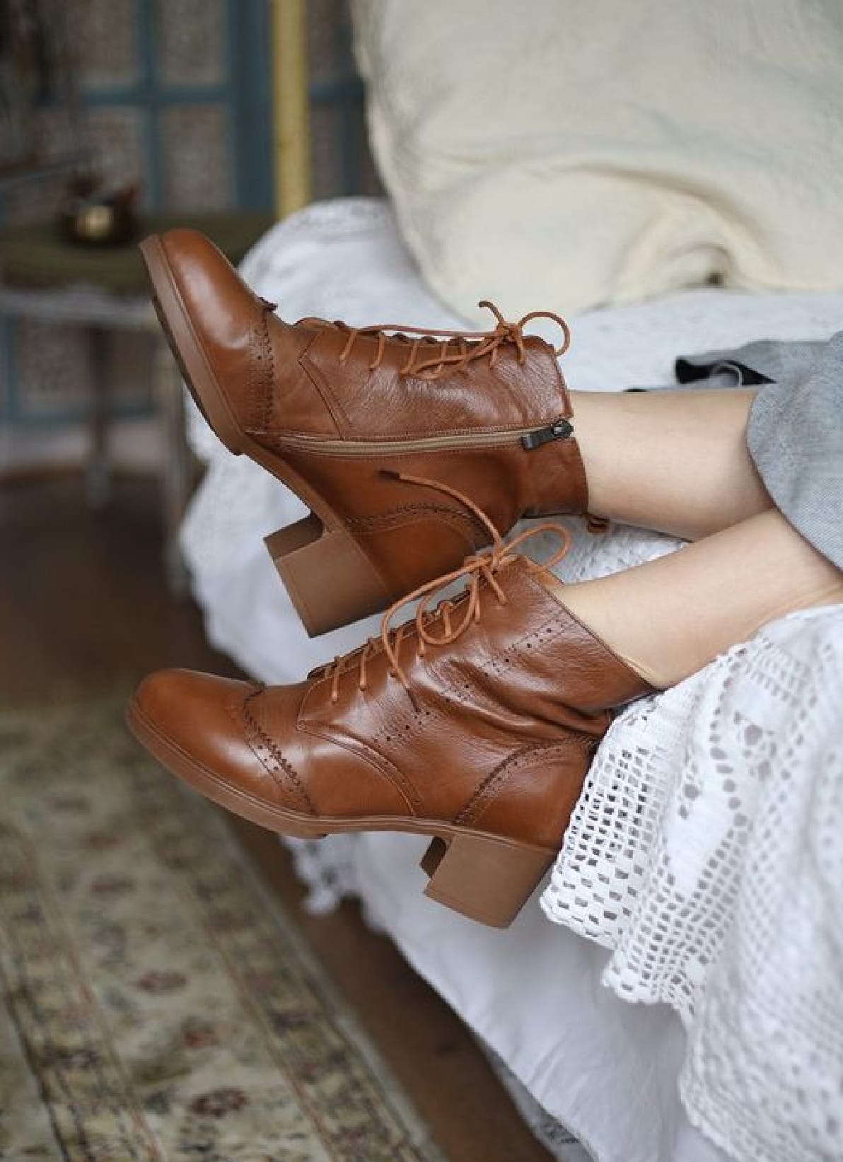 Ecosusi 40er Jahre Retro Oxford Vintage Stiefelletten Martin Boots in Braun