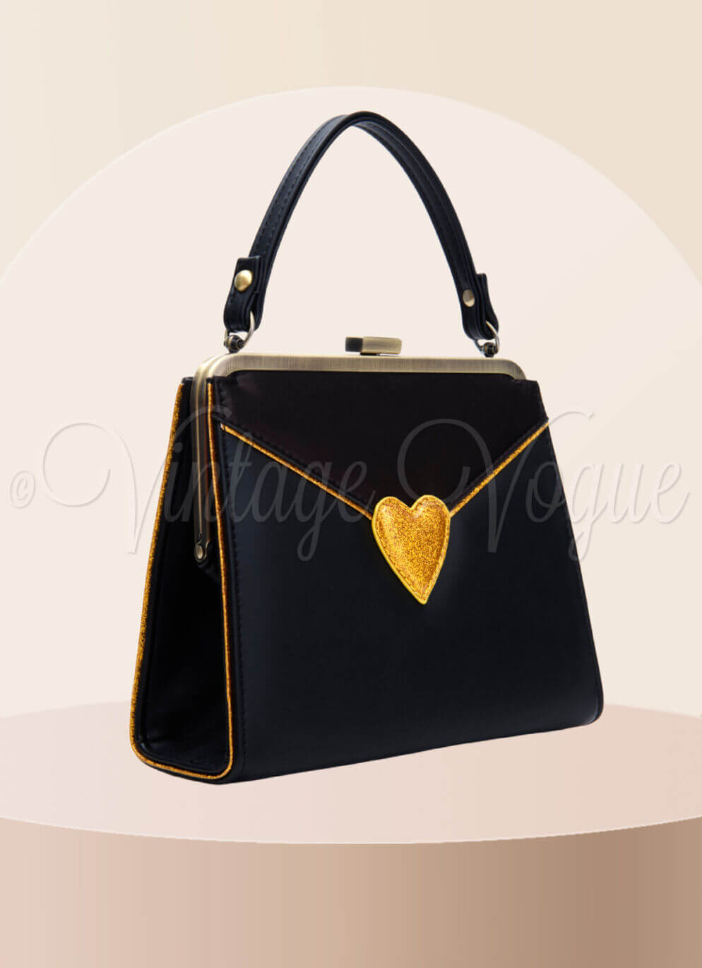 Lola Ramona 60's Retro Herzen Handtasche Tasche “Inez Heart” in Schwarz Gold