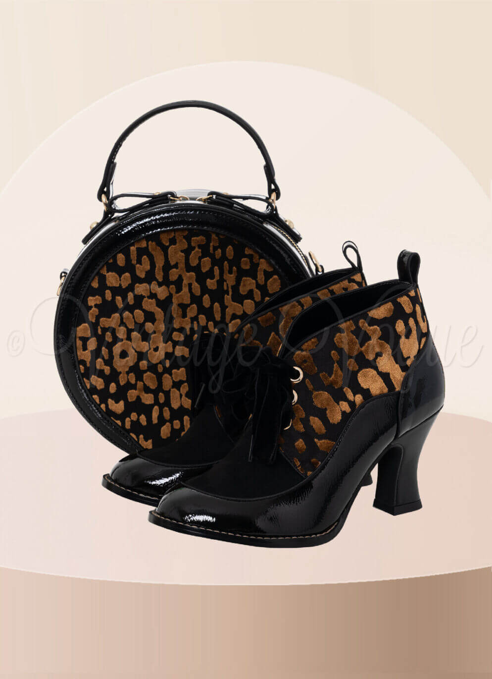 Ruby Shoo 50er Jahre Retro Vintage Samt Leopard Ankle Boots Emma in Schwarz Gold 0
