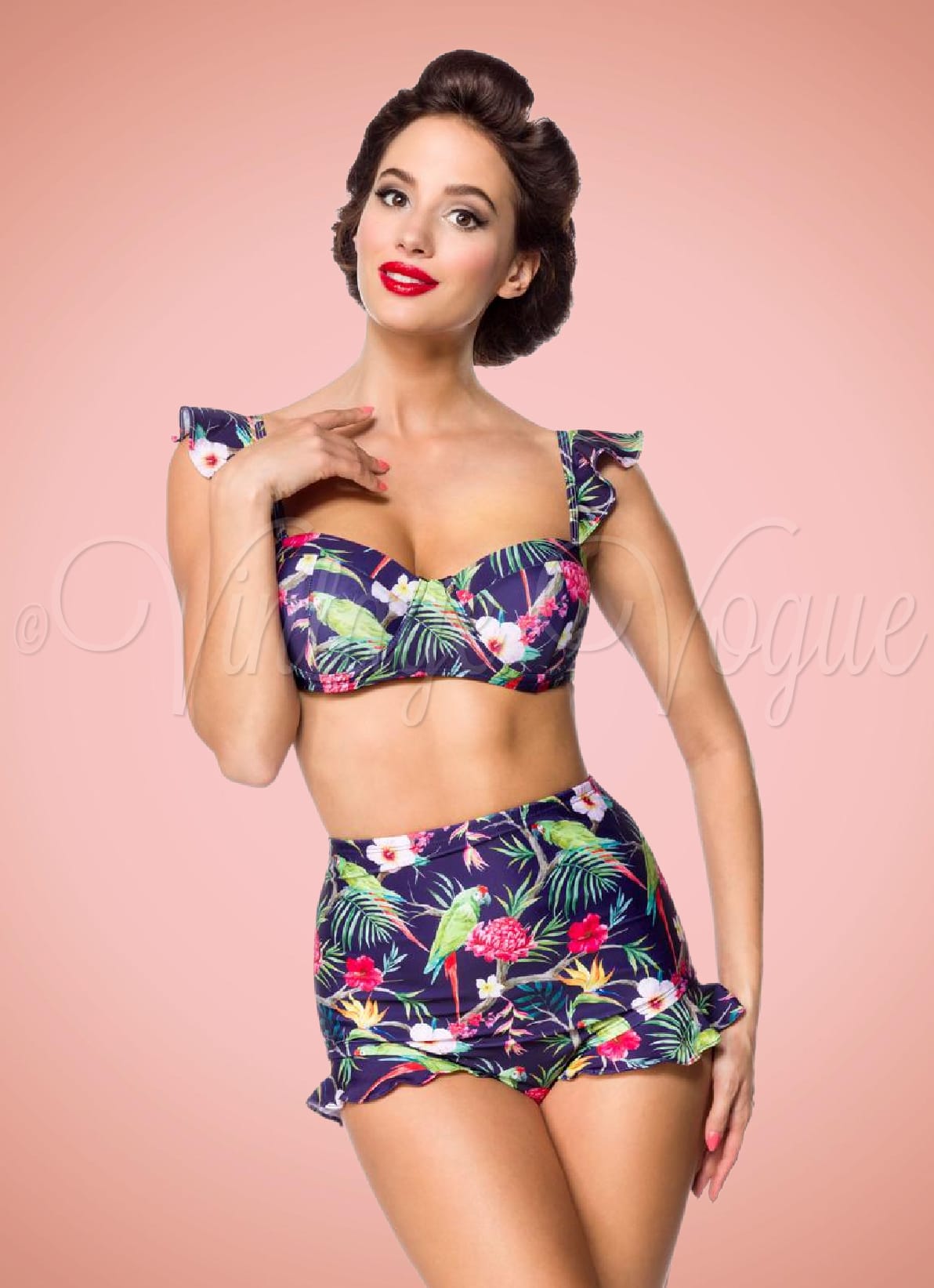 Belsira 50er Jahre Retro Bikini High Waist Ruschen Hoschen mit Tropical Muster in Navy