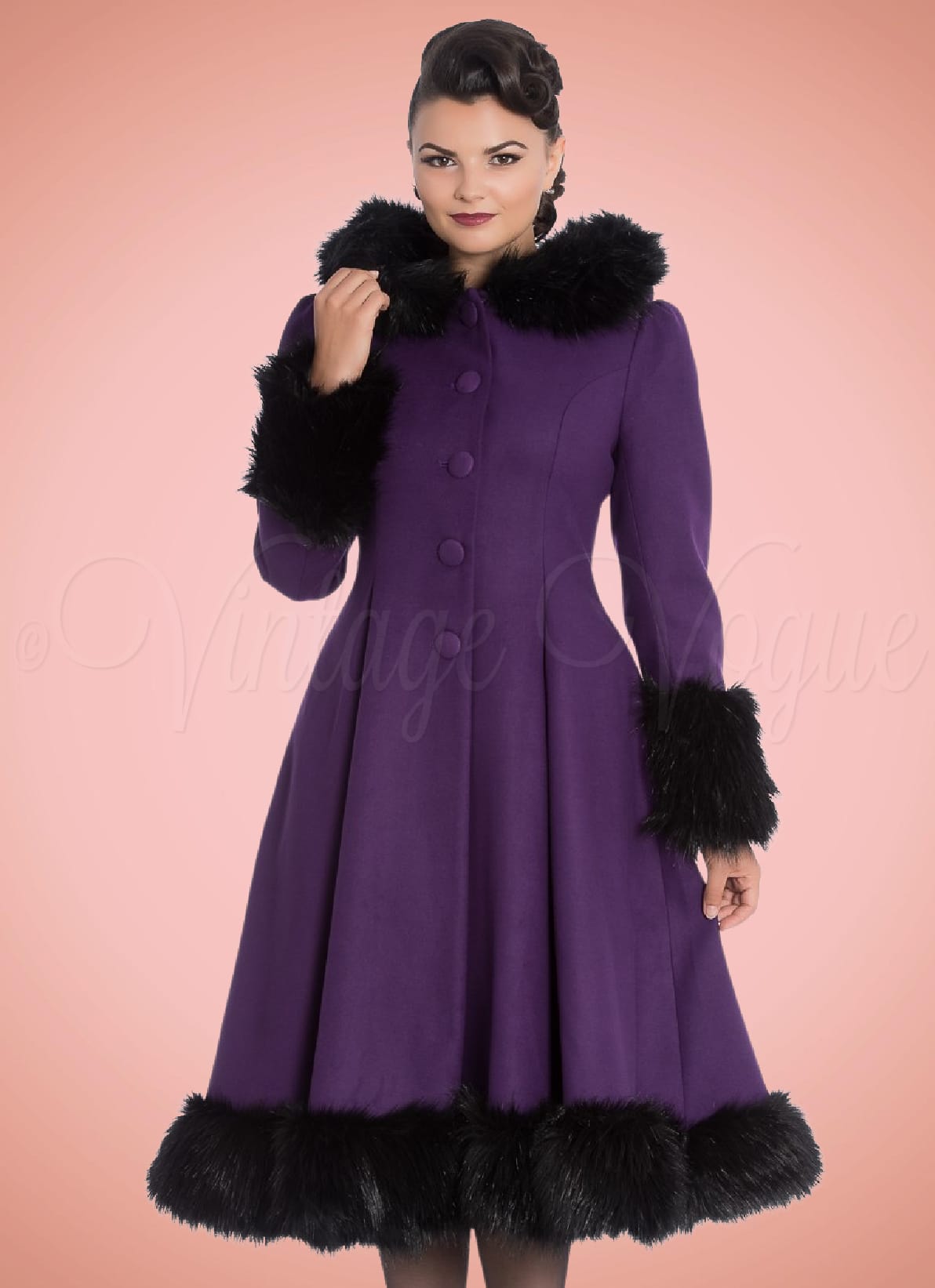 Hell Bunny 50er Jahre Vintage Mantel Wintermantel Elvira Coat in Lila Vintage Vogue