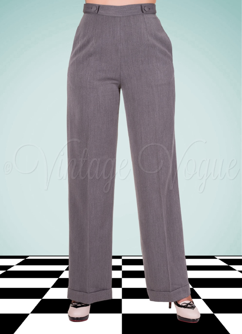 Banned 40er Jahre Retro High Waist Marlene Stoff Hose Party On Trousers in Grau Meliert