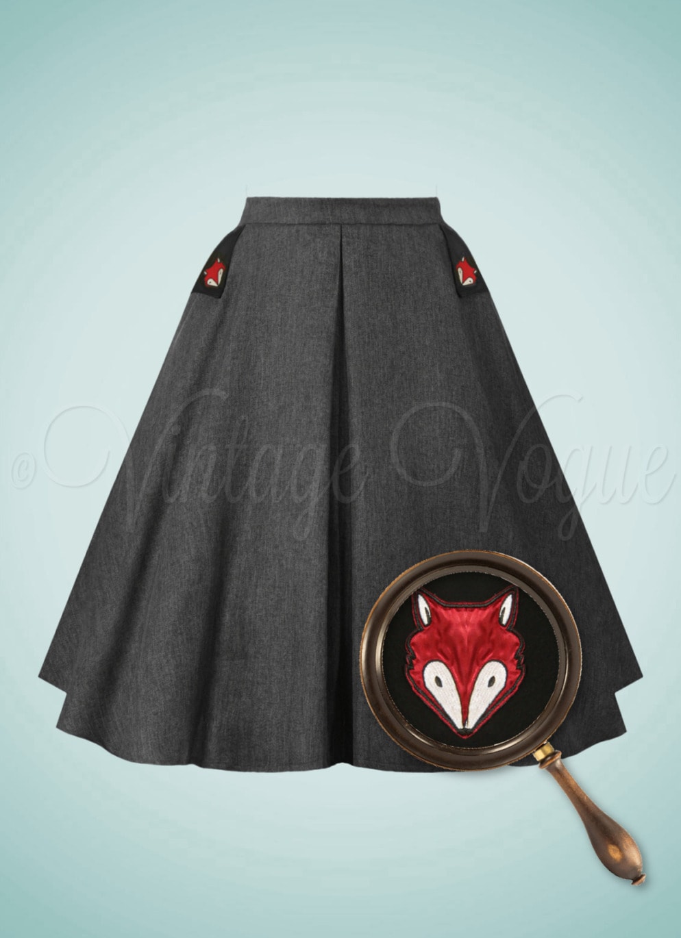 Banned 60er Jahre Retro Fuchs Muster Tellerrock Foxy Skirt in Grau Meliert