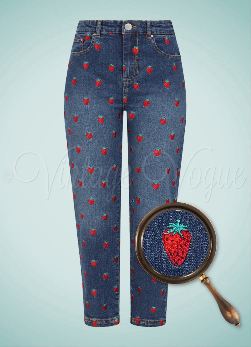 Hell Bunny 50er Jahre Retro Erdbeer Muster High Waist Jeans Hose Strawberry Jeans in Blau