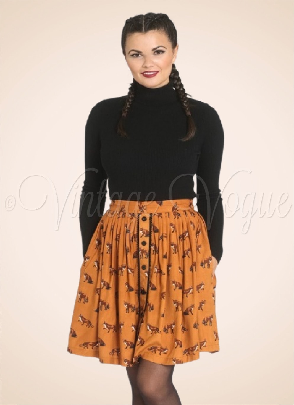 Hell Bunny 60er Jahre Retro Fuchs Muster A-Linie Mini Rock Vixey Skirt in Braun