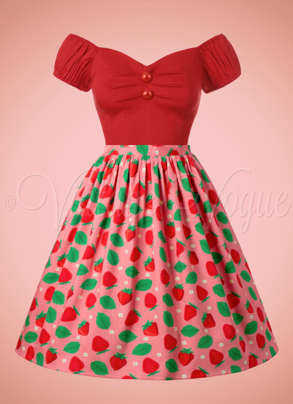 Lady Vintage 50er Jahre High Waist Erdbeeren A-Linie Rock Strawberry Skirt in Pink & Rot