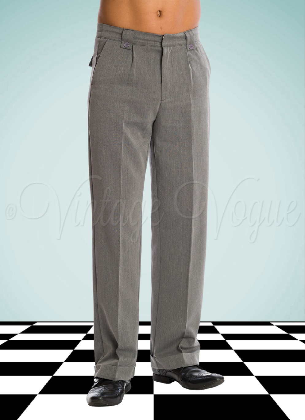 Banned 40er Jahre Vintage Herren Bundfalten Hose Get in Line Trousers in Grau
