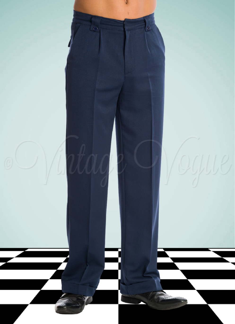 Banned 40er Jahre Vintage Herren Bundfalten Hose Get in Line Trousers in Navy Blau