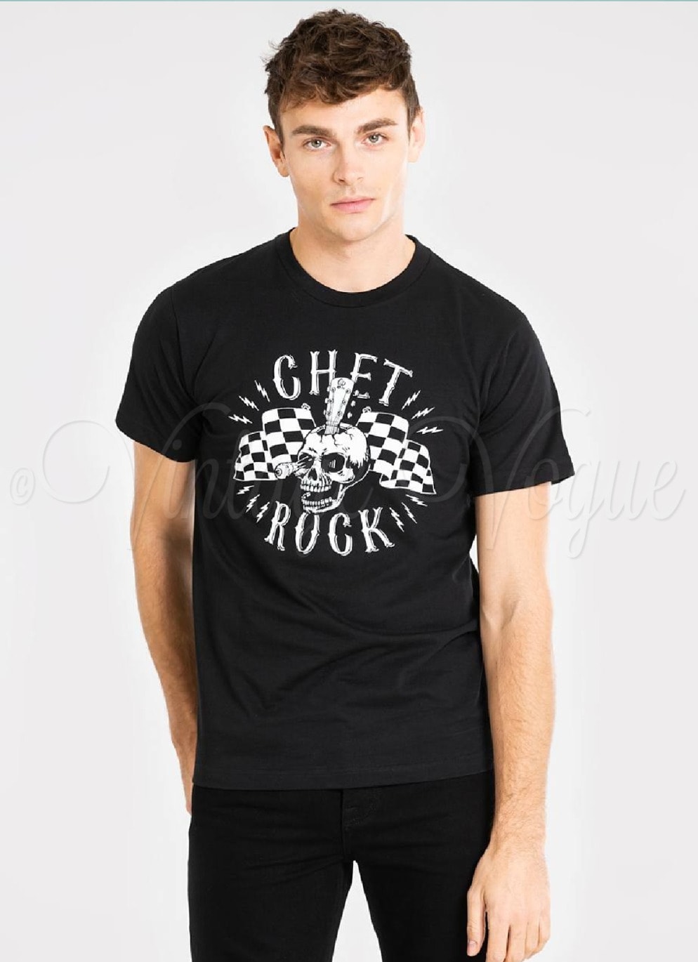 Chet Rock 50er Jahre Retro Rockabilly Herren T-Shirt Guitar Head in Schwarz