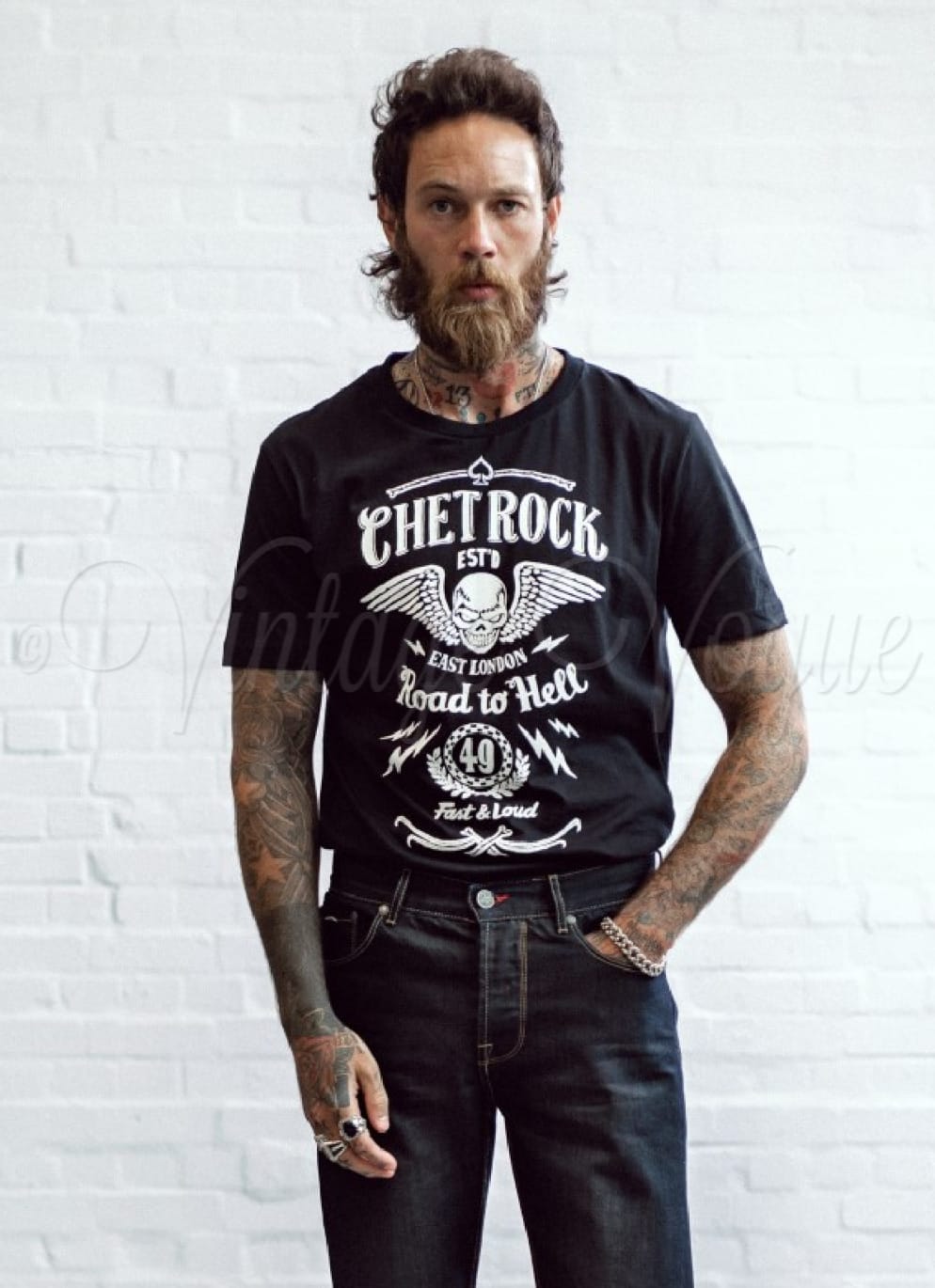 Chet Rock 50er Jahre Retro Rockabilly Herren T-Shirt Road to Hell in Schwarz