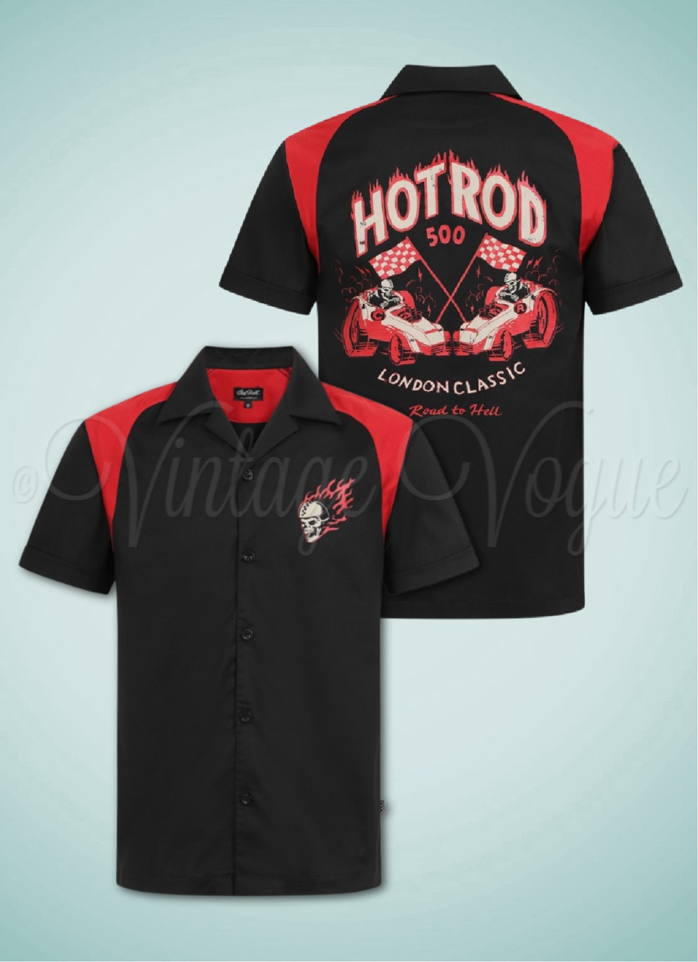 Chet Rock 50er Jahre Rockabilly Print Herren Hemd Hot Rod Bowling Shirt in Schwarz