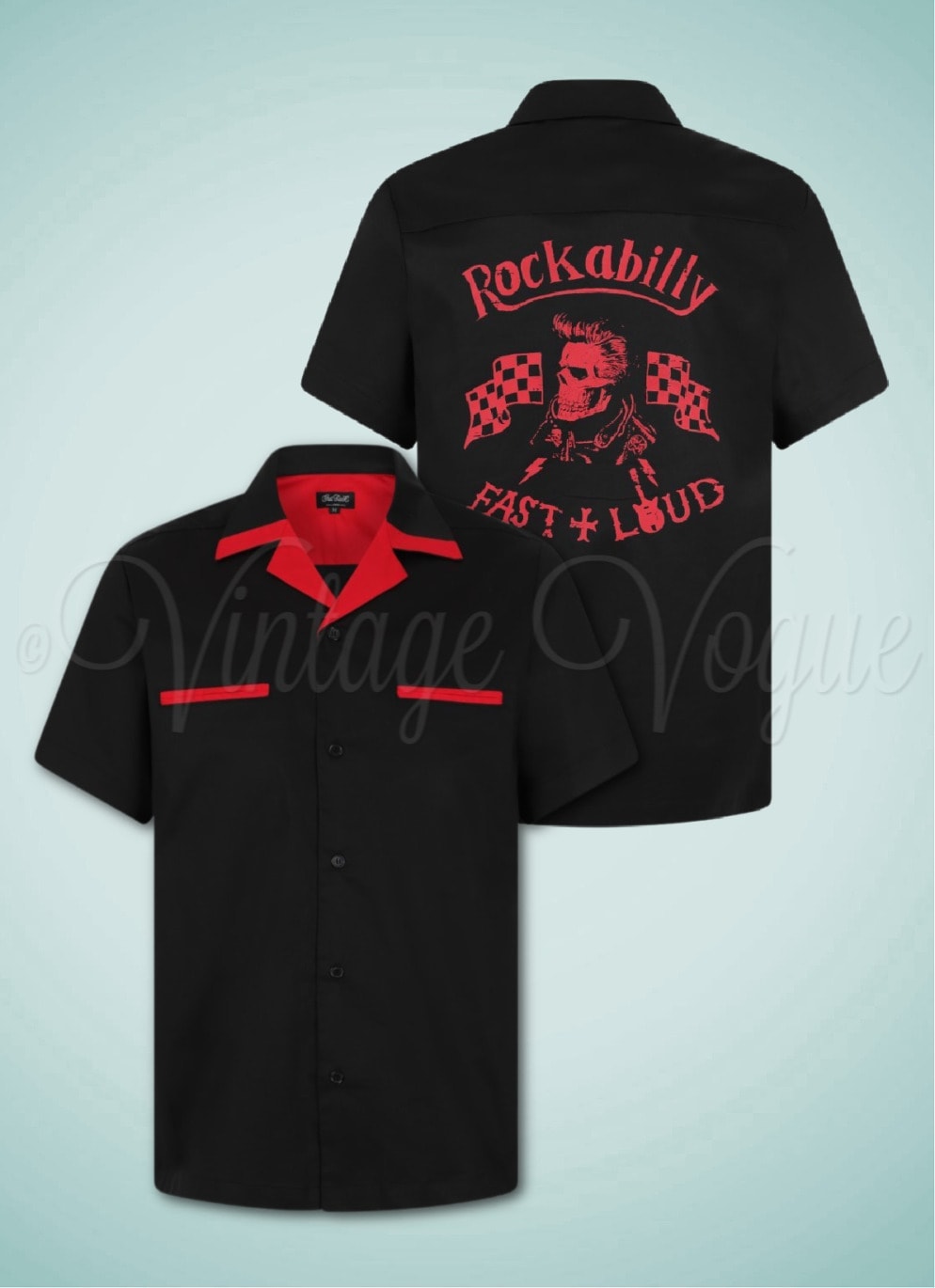 Chet Rock 50er Jahre Rockabilly Print Herren Hemd Loud Rex Bowling Shirt in Schwarz