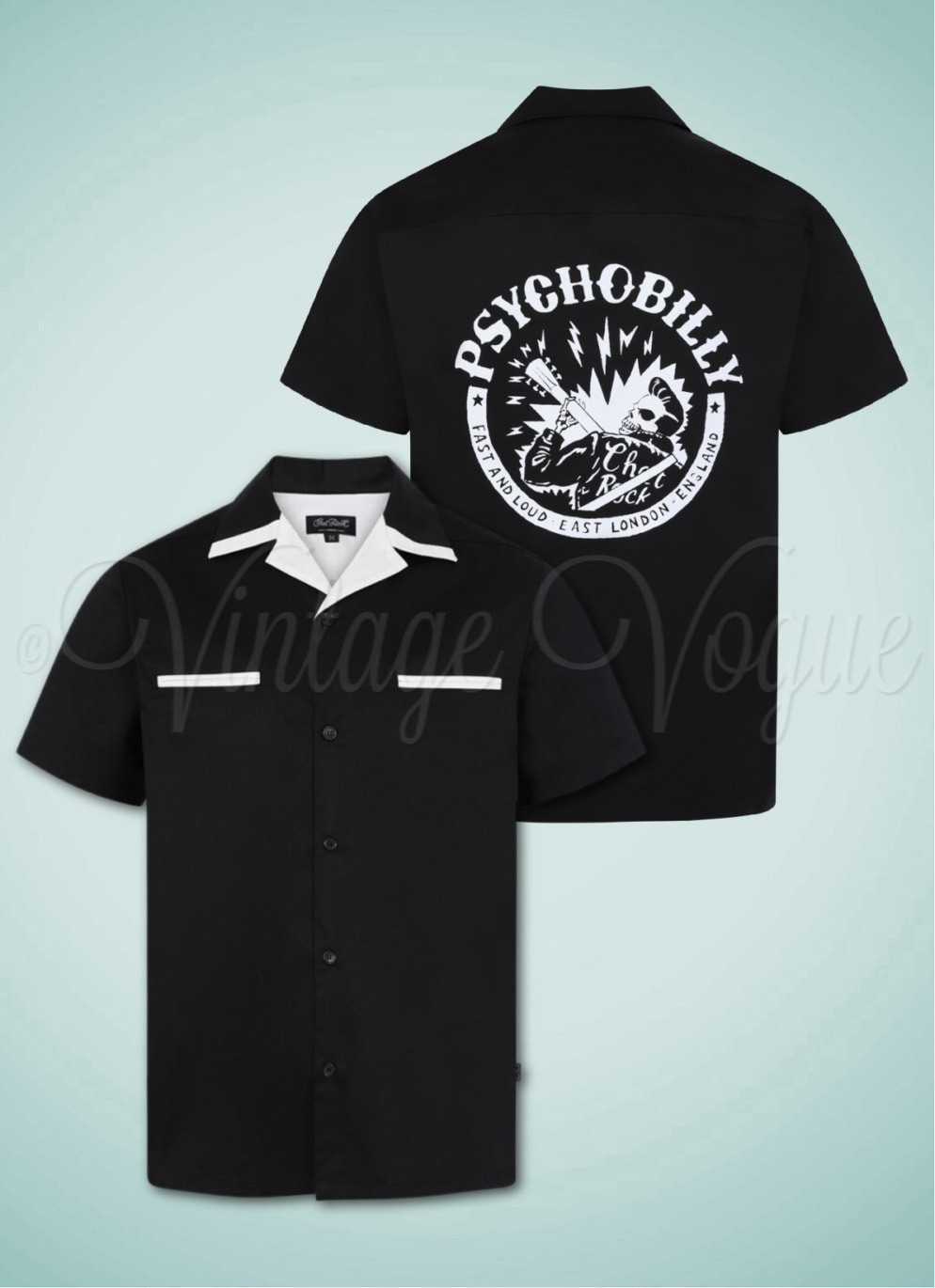 Chet Rock 50er Jahre Rockabilly Print Herren Hemd Psychobilly Bowling Shirt in Schwarz