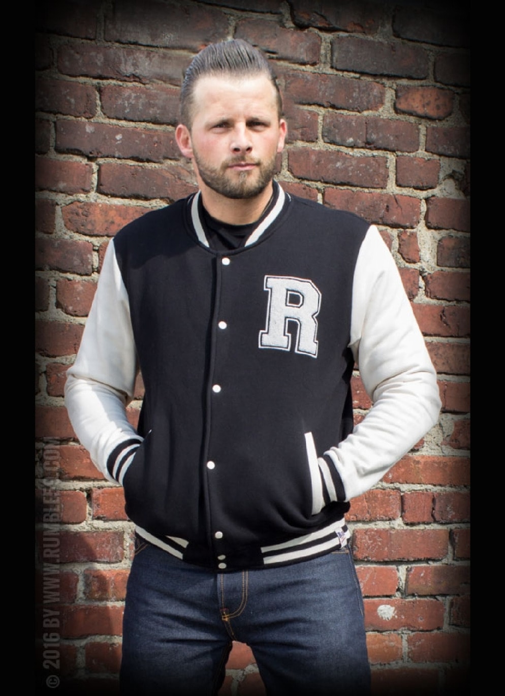 Rumble59 50er Jahre Retro Rockabilly Herren Sweat College Jacke in Schwarz Weiß