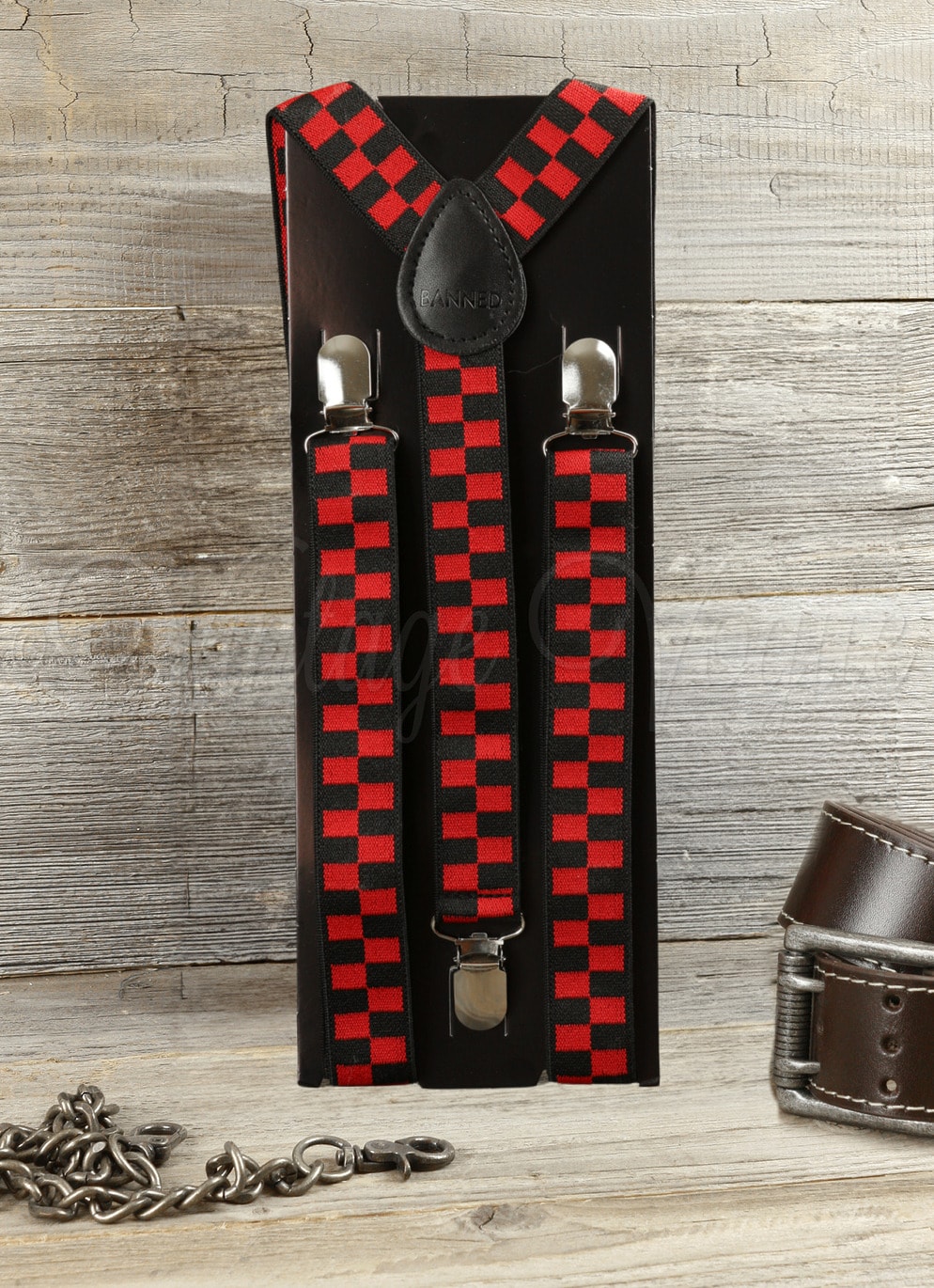 Banned 50s Rockabilly Retro Hosenträger Checker Suspenders in Rot Schwarz