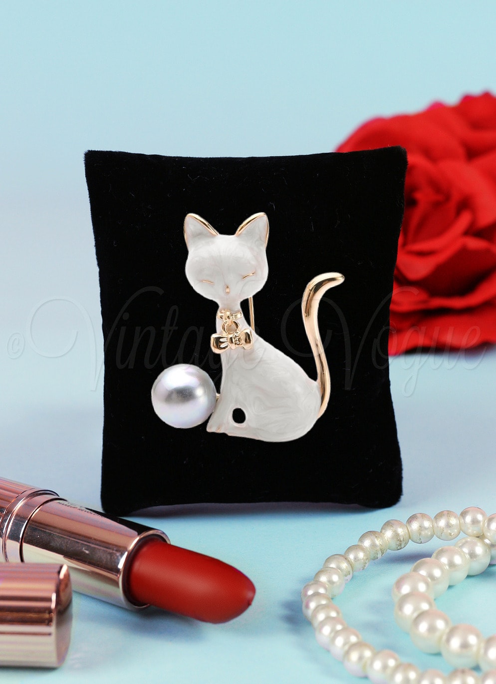 Oh so Retro! Vintage Katzen Brosche Pearly Cat Brooch in Weiß