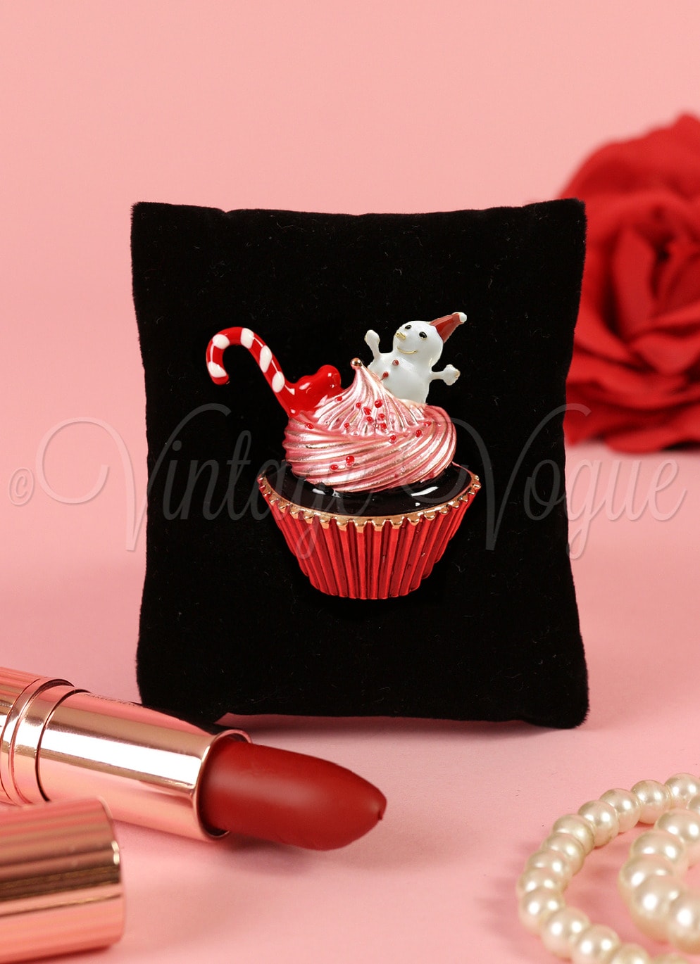 Oh so Retro! Vintage Weihnachts Brosche Snowman Cupcake Brooch in Pink