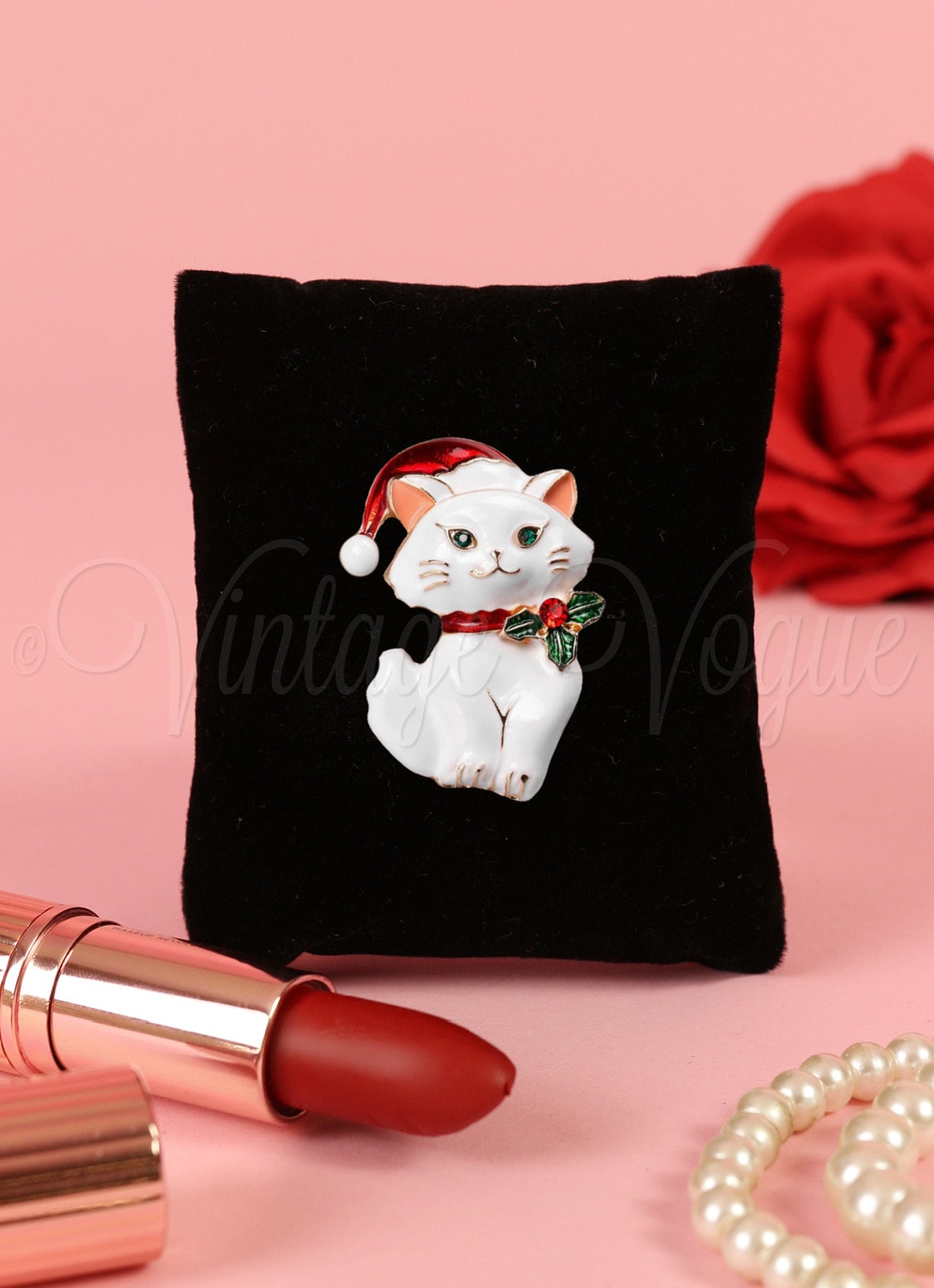 Oh so Retro! Weihnachts Katzen Brosche X-Mas Kitty Brooch in Weiß