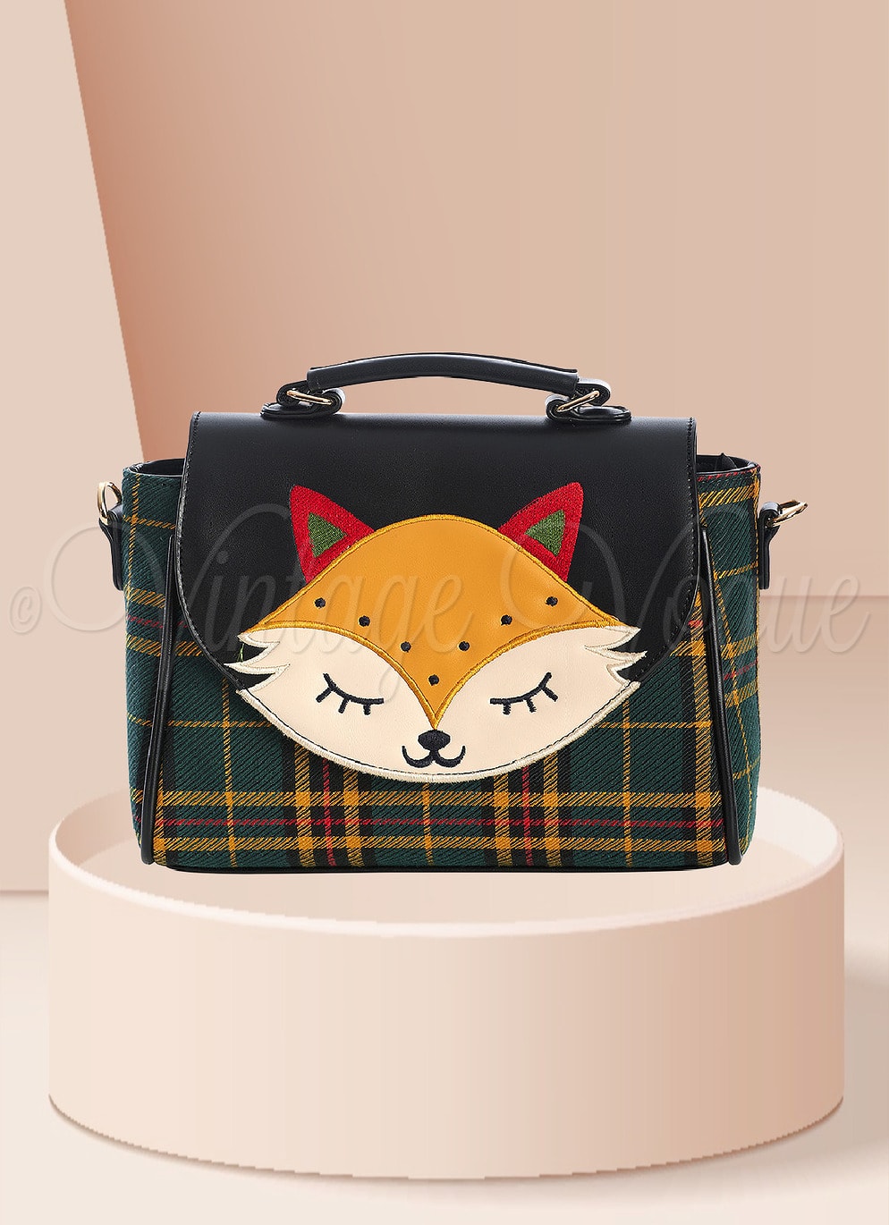 Banned Retro Tartan & Fuchs Handtasche “Scandi Fox Bag” in Schwarz