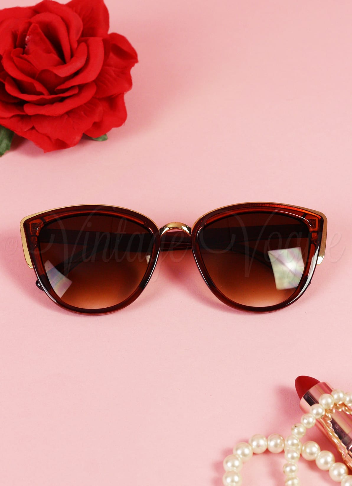 Oh so Retro Vintage Cat Eye Sonnenbrille Big Cat in Braun Gold Vintage Vogue