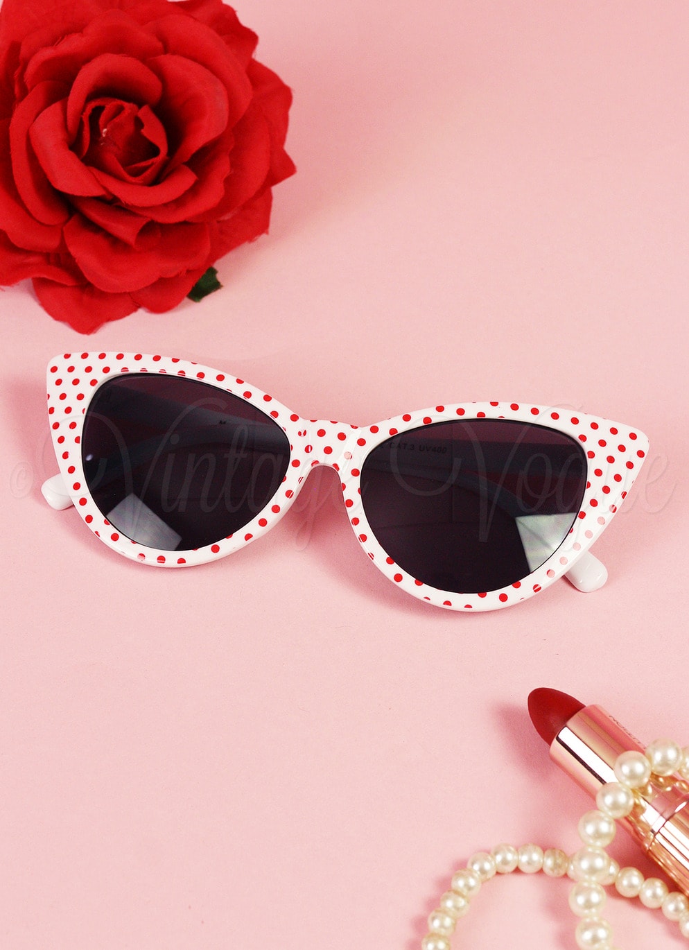 Oh so Retro! Vintage Cat Eye Sonnenbrille Polka Dots in Weiß Rot