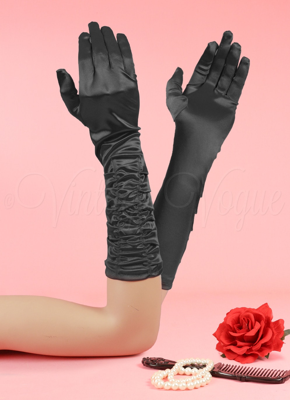Oh so Retro! Vintage Handschuhe Midi Satin Gloves in Schwarz