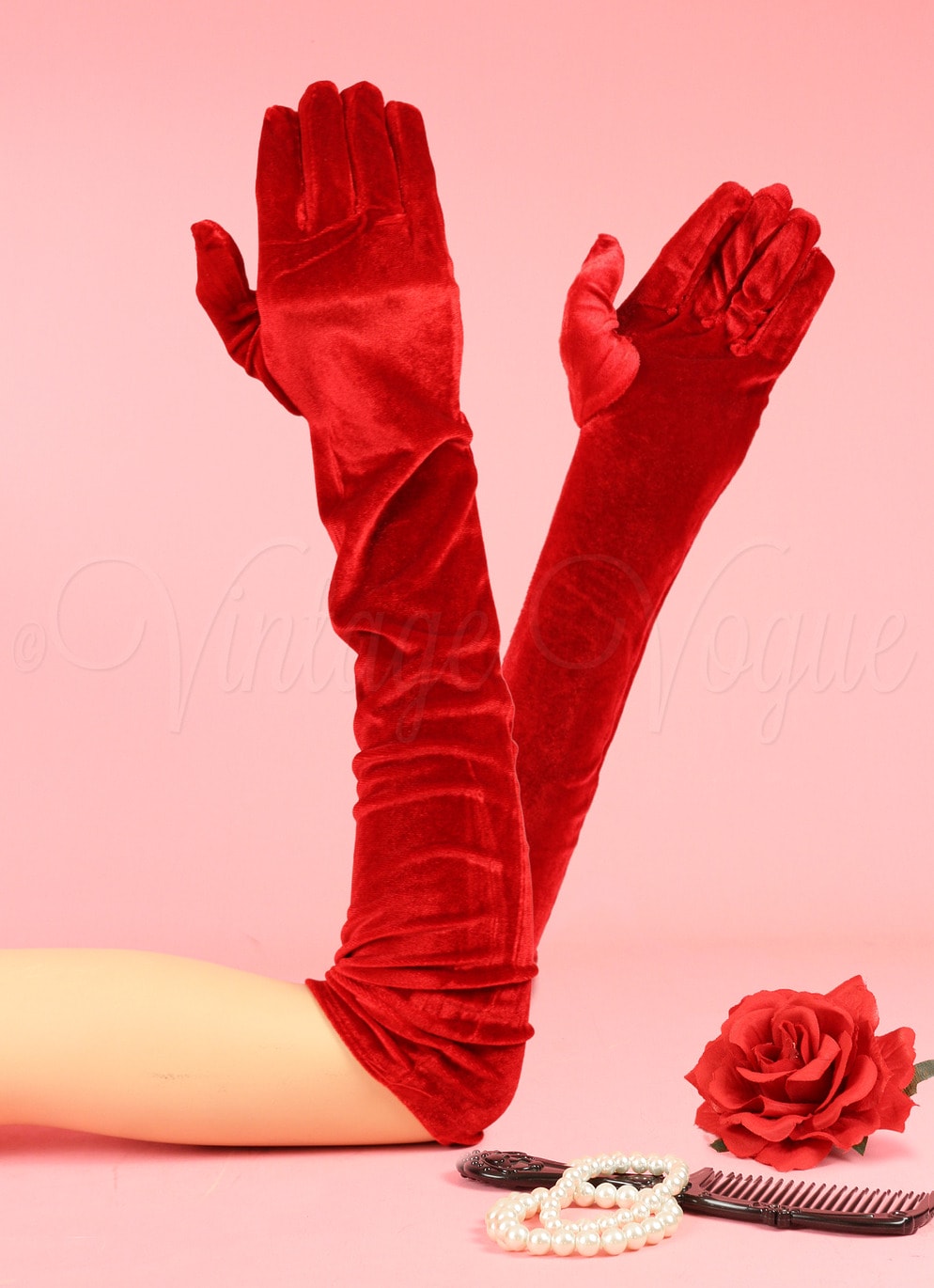 Oh so Retro! Vintage Samt Handschuhe Long Velvet Gloves in Rot