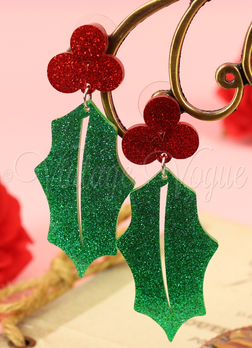 Oh so Retro! Vintage Weihnachts Mistelzweig Glitter Ohrhänger in Grün