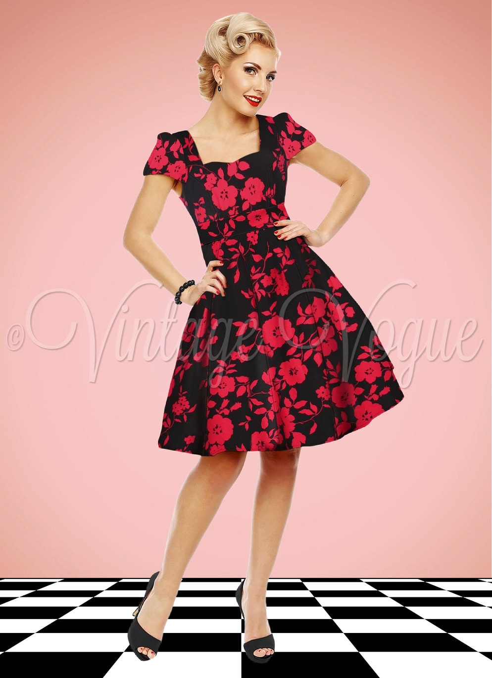Dolly and Dotty 50's Retro Rockabilly Swing Kleid Claudia Floral in Schwarz Rot 50er Jahre Petticoat Jive Lindy Hop Damen Kleid