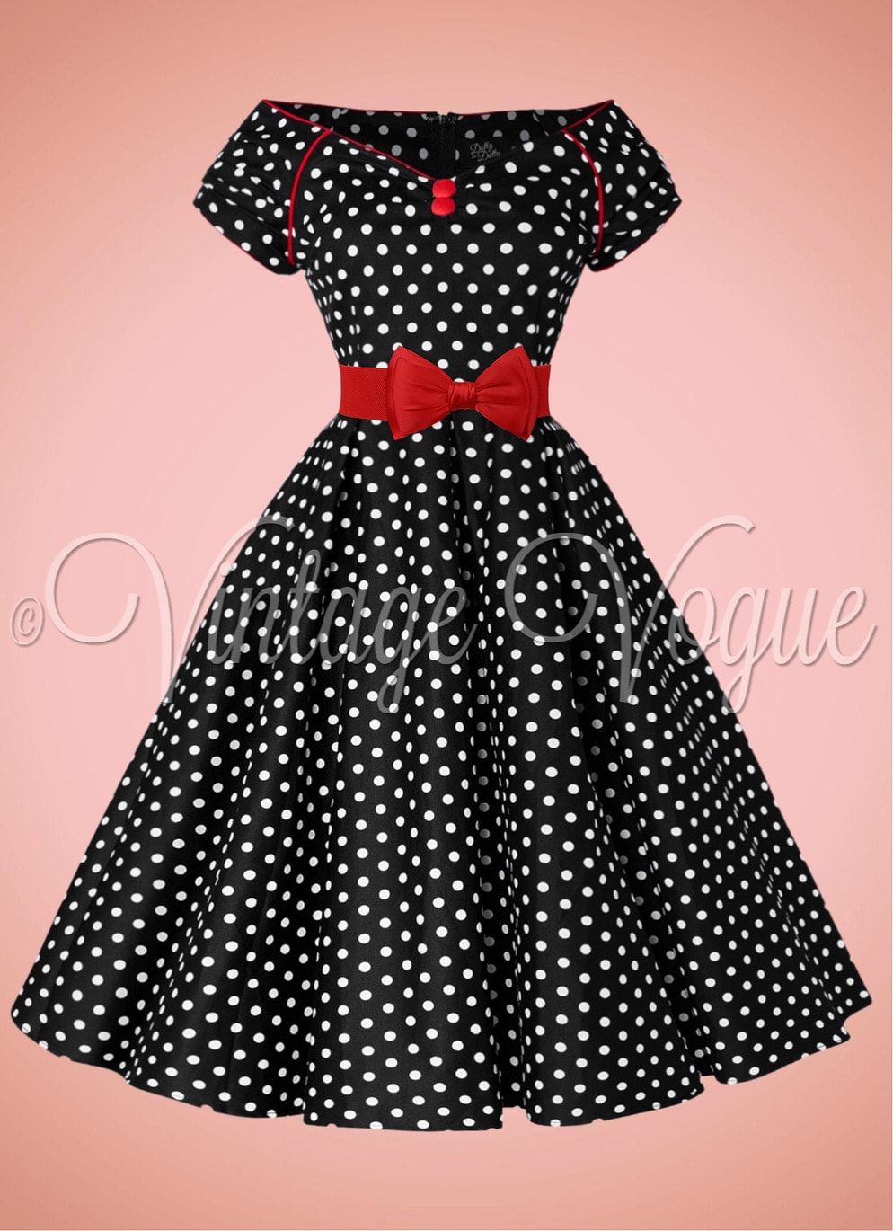 Dolly and Dotty 50's Retro Rockabilly Swing Kleid Lily Polka Dot Punkte Dress in Schwarz Lily Off Shoulder Swing Dress in Black White Dots with Red Details V873-30