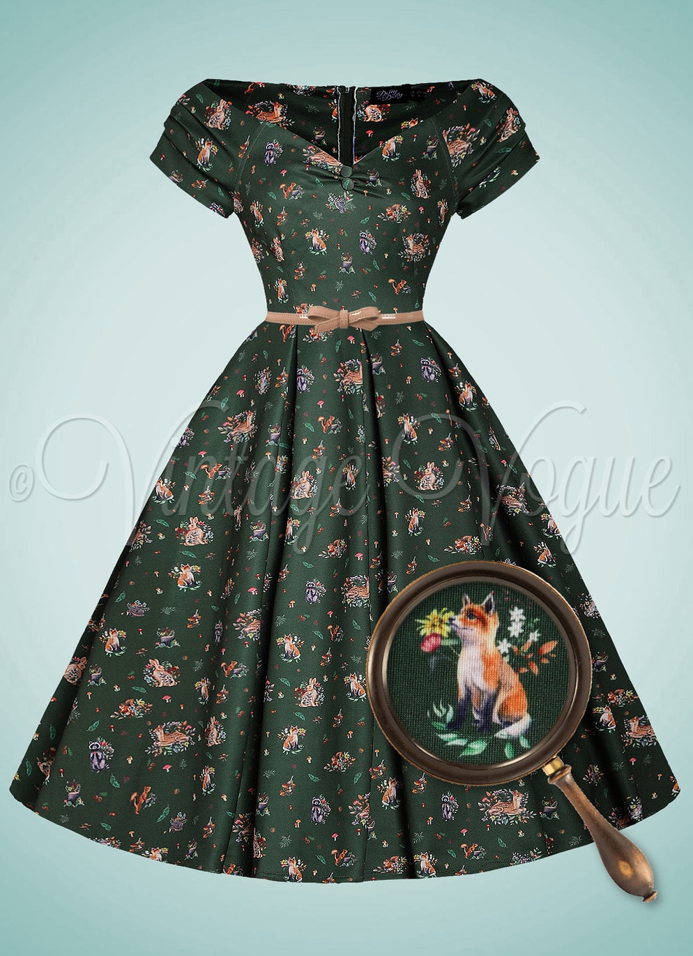 Dolly and Dotty 50's Retro Vintage Swing Herbst Fuchs Kleid Lily in Dunkelgrün 50er Jahre Petticoat Damenkleid Dress Vintage Herbstkleid Fuchs Pilze Wald Igel Eulen Hirsch Muster Fairy Core