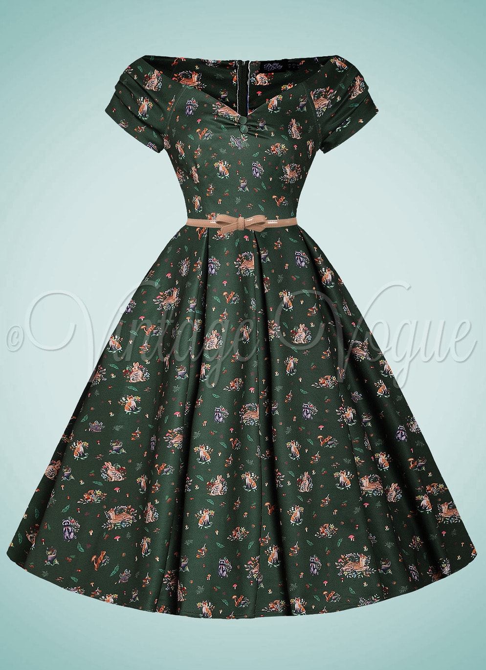 Dolly and Dotty 50's Retro Vintage Swing Herbst Fuchs Kleid Lily in Dunkelgrün 50er Jahre Petticoat Damenkleid Dress Vintage Herbstkleid Fuchs Pilze Wald Igel Eulen Hirsch Muster Fairy Core