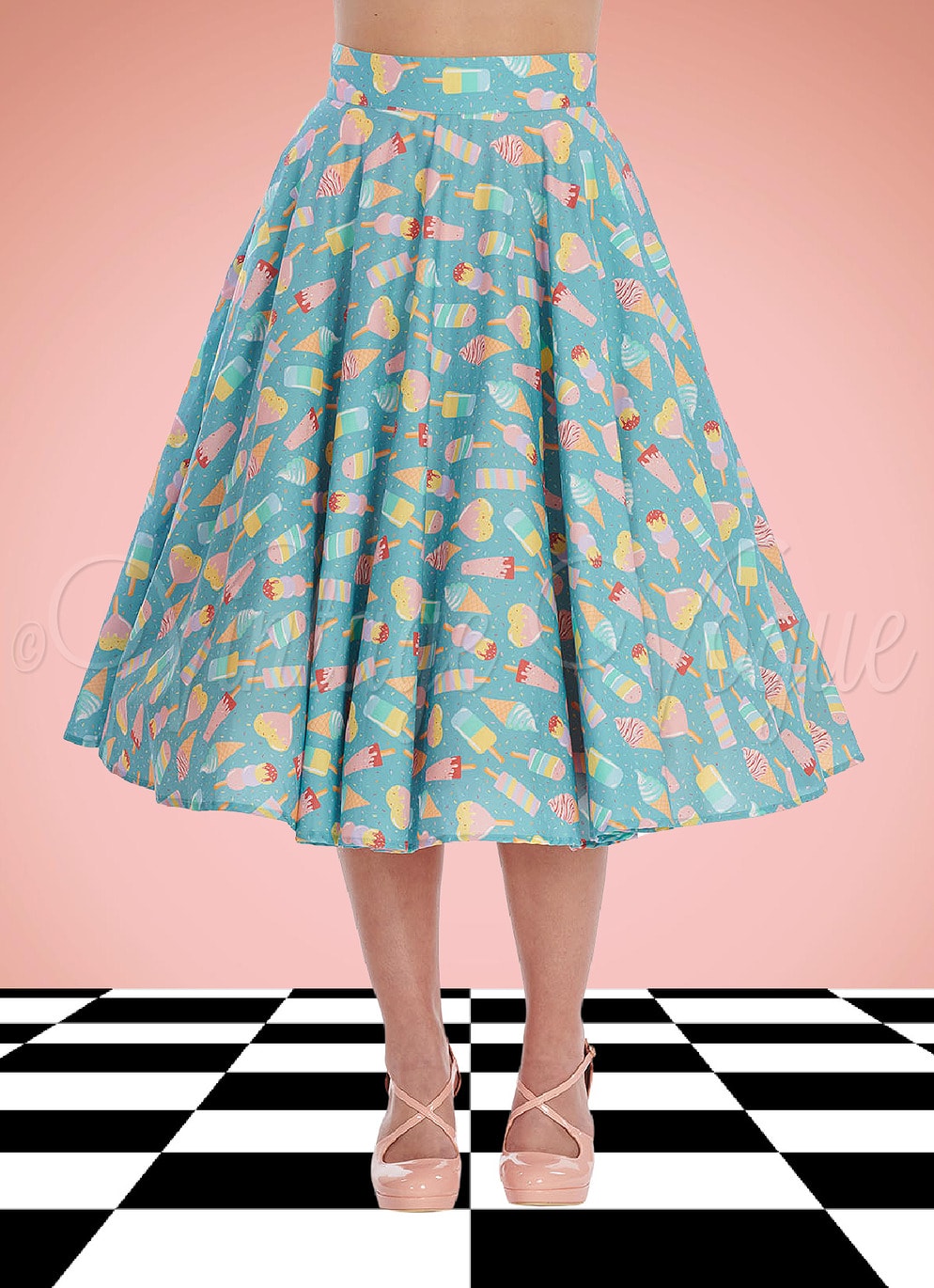 Banned 50er Jahre Retro High Waist Tellerrock Ice Cream Swing Skirt in Hellblau SK25437