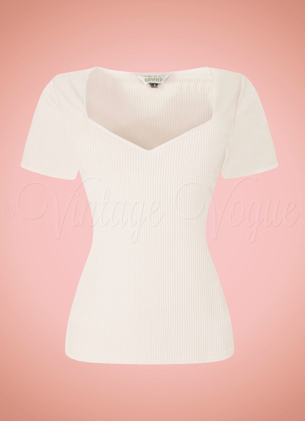 Banned Retro Vintage Geripptes Basic Shirt Fara Top in Creme Weiß Elfenbein TP10607