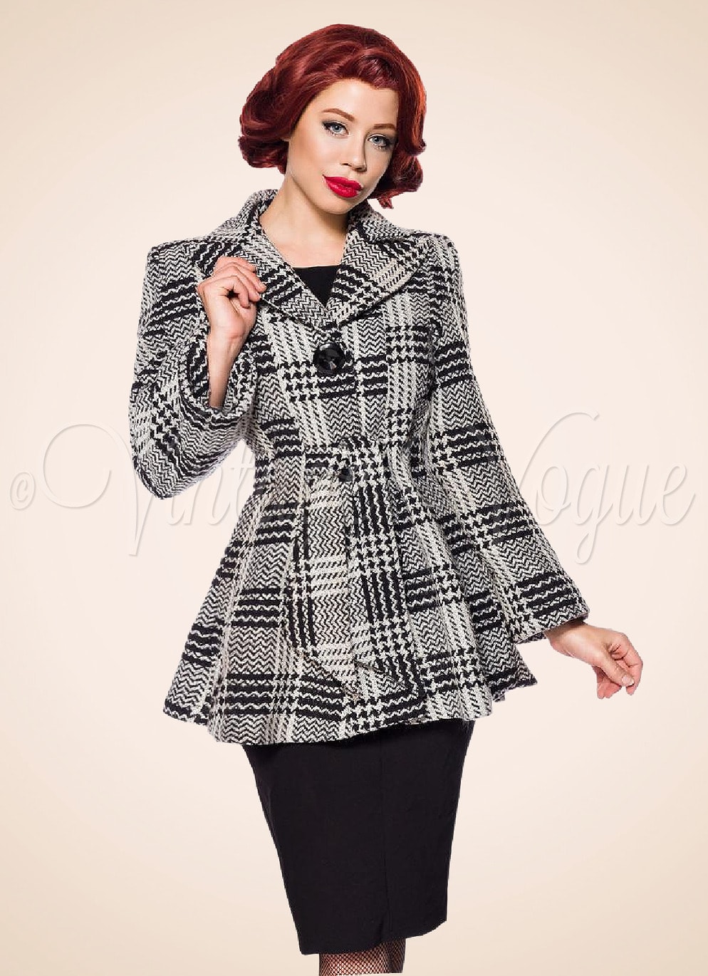 Belsira Vintage Jacke Wolljacke Kurzmantel mit Tartan Muster in Schwarz Weiß