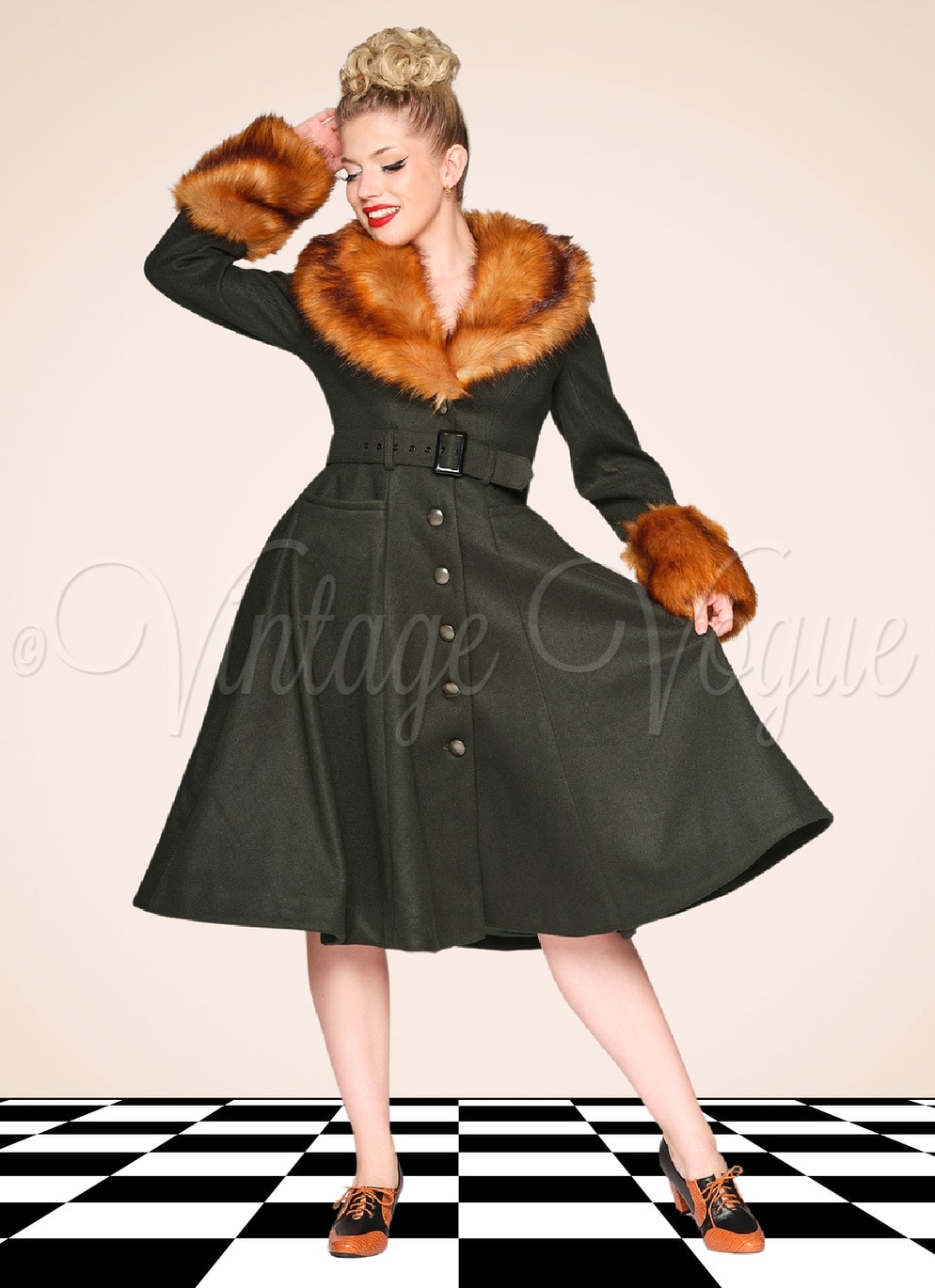 Collectif 50er Jahre Vintage Mantel Wintermantel Jackie Swing Coat in Dunkelgrün