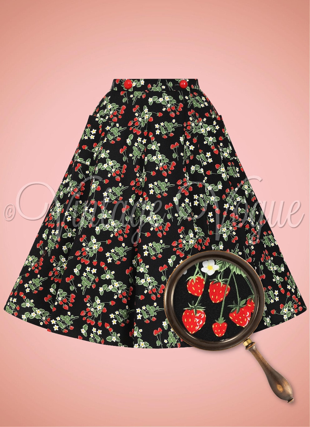 Collectif Retro Erdbeeren A-Linie Swing Rock Luella Strawberries Swing Skirt in Schwarz