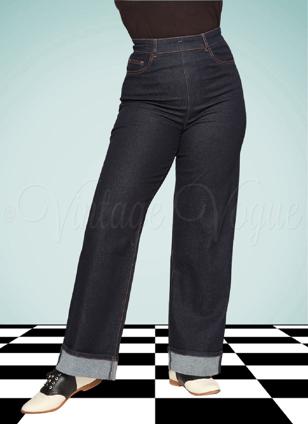Collectif Retro Rockabilly High Waist Jeans Hose Katherine Wide Leg in Navy Blau