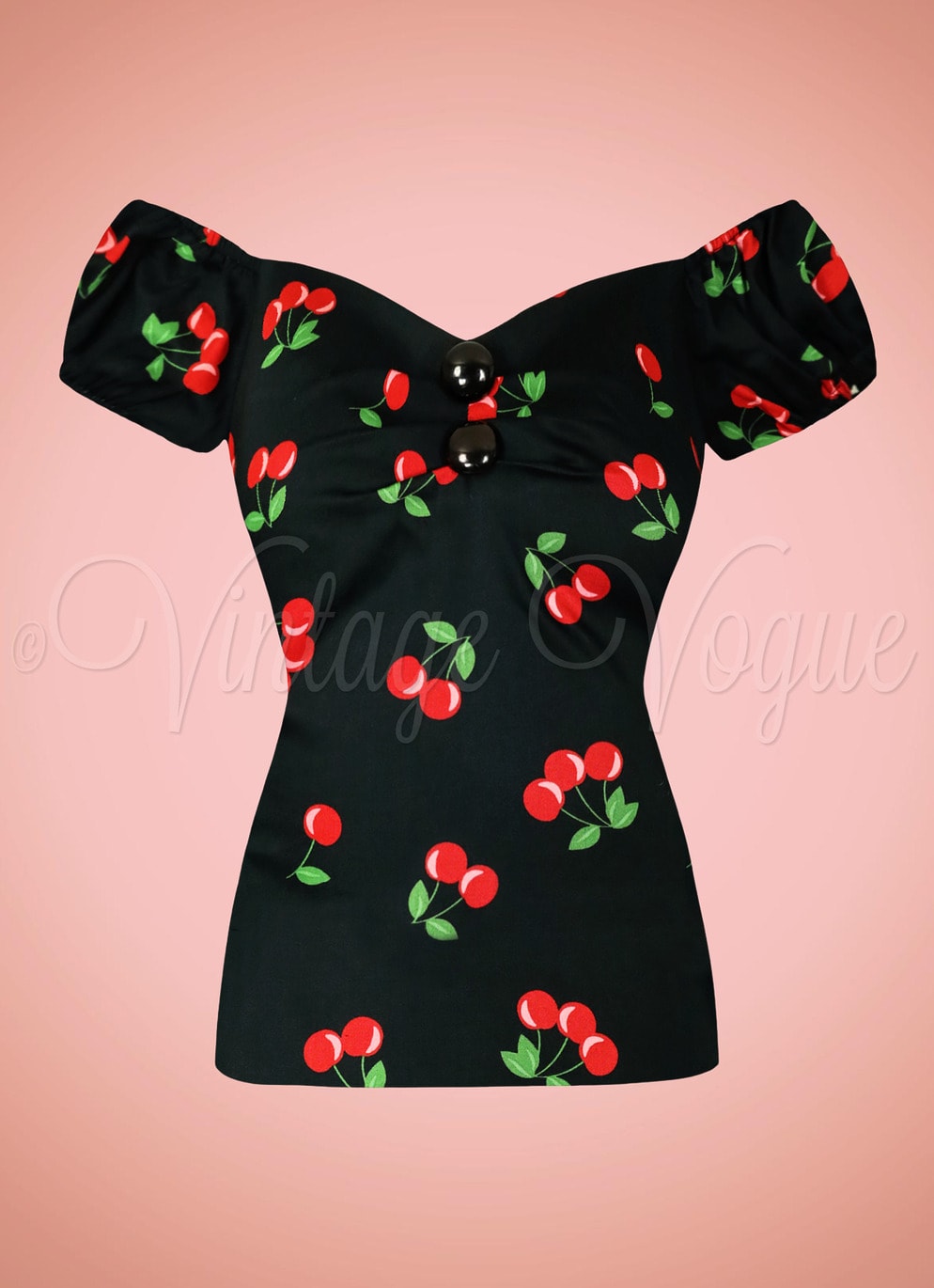 Collectif Retro Rockabilly Kirschen Shirt Top “Dolores Top Cherry” in Schwarz