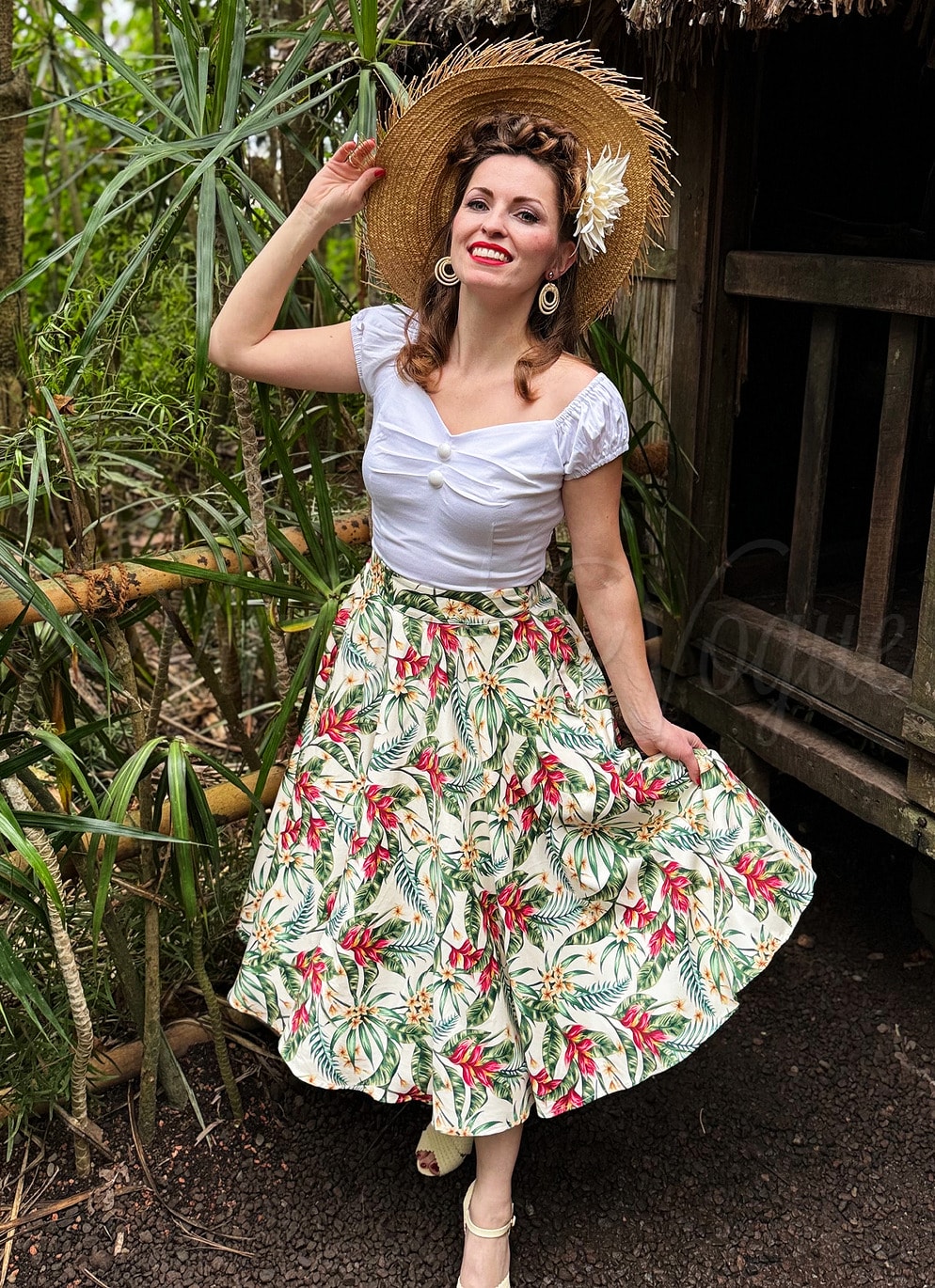 Forever Fifties Retro Vintage Floral Teller Rock Tropical Swing Skirt in Elfenbein SK25601